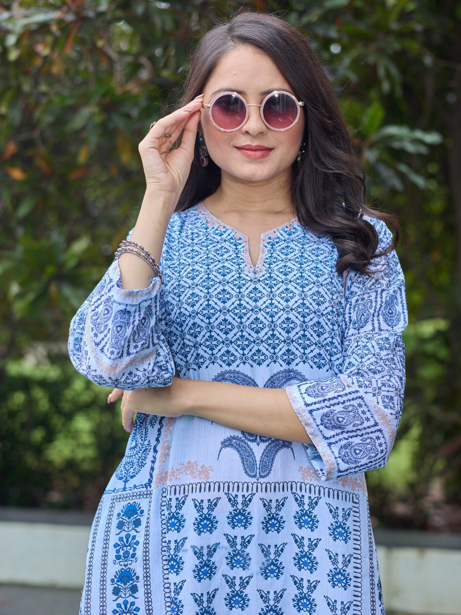 Kaaya Indigo Harmony Printed Crape Kurta Set – Kaaya Collection (L–4XL)